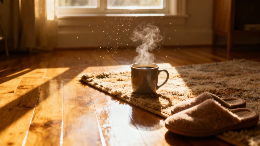 Cozy hardwood floor with rug and coffee mug.